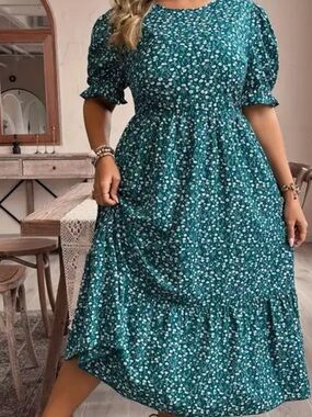 SHEIN Size 22 Teal Floral Midi Dress with Puff Sleeves